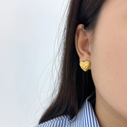 1 Pair Vacation Simple Style Commute Heart Shape Inlay 304 Stainless Steel 316 Stainless Steel  Rhinestones 18K Gold Plated Ear Studs