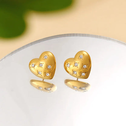 1 Pair Vacation Simple Style Commute Heart Shape Inlay 304 Stainless Steel 316 Stainless Steel  Rhinestones 18K Gold Plated Ear Studs