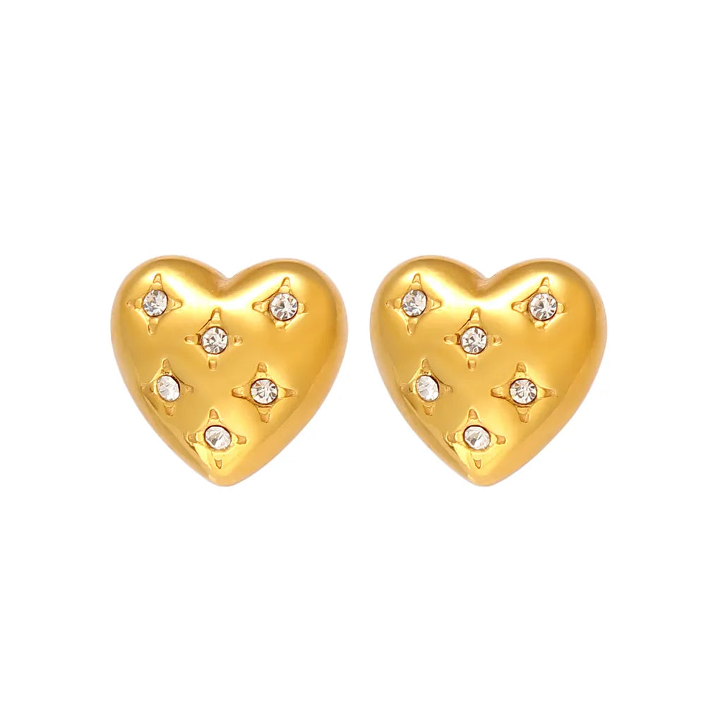 1 Pair Vacation Simple Style Commute Heart Shape Inlay 304 Stainless Steel 316 Stainless Steel  Rhinestones 18K Gold Plated Ear Studs