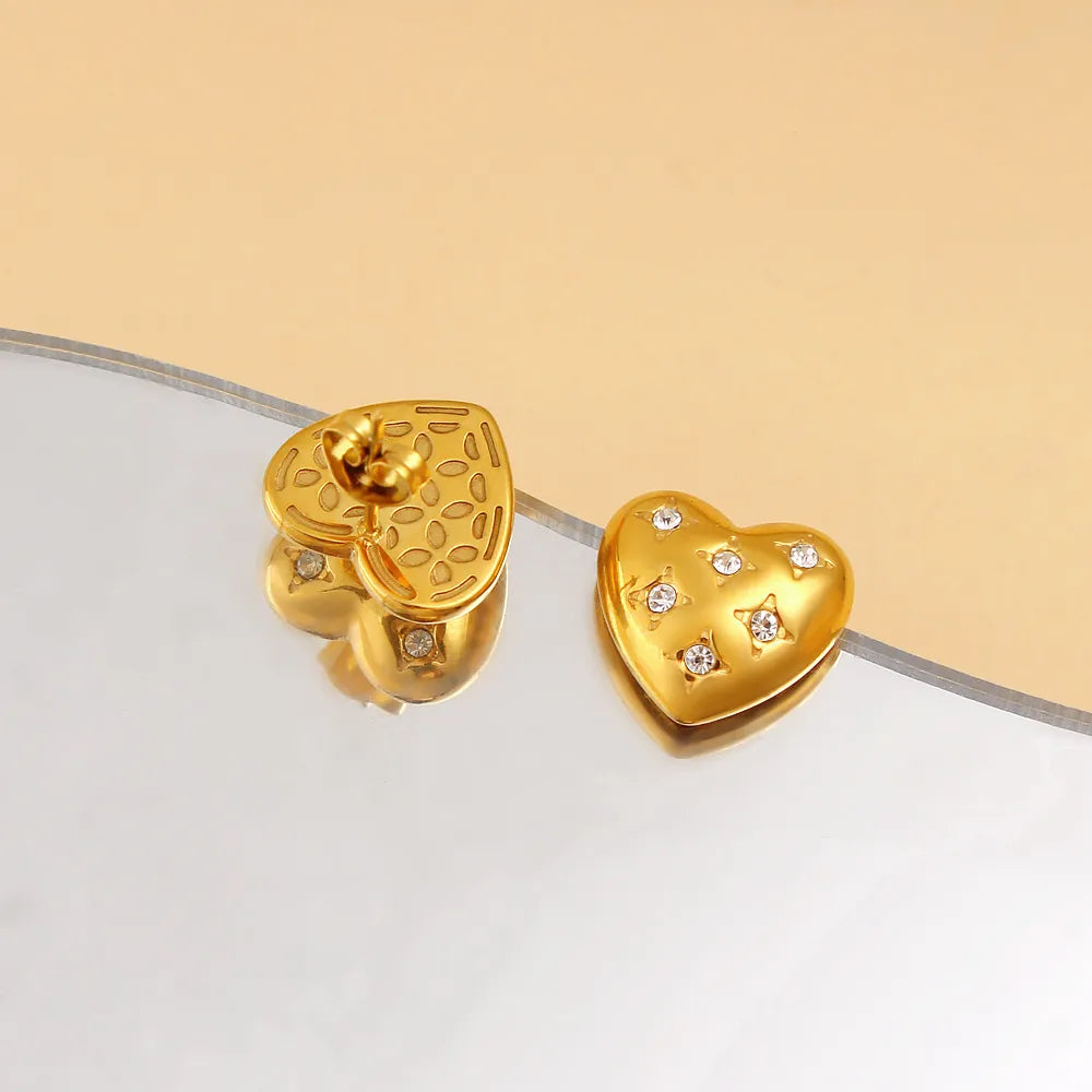 1 Pair Vacation Simple Style Commute Heart Shape Inlay 304 Stainless Steel 316 Stainless Steel  Rhinestones 18K Gold Plated Ear Studs