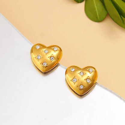 1 Pair Vacation Simple Style Commute Heart Shape Inlay 304 Stainless Steel 316 Stainless Steel  Rhinestones 18K Gold Plated Ear Studs