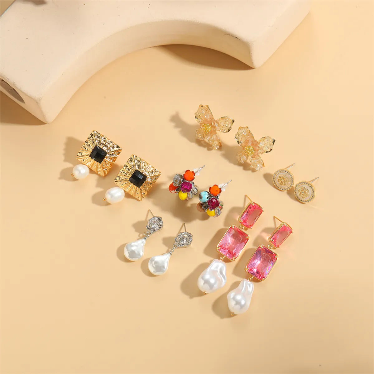 1 Pair Vacation Simple Style Commute Square Flower Pearl Plating Inlay Copper Natural Stone Crystal Zircon 14k Gold Plated White Gold Plated Drop Earrings Ear Studs