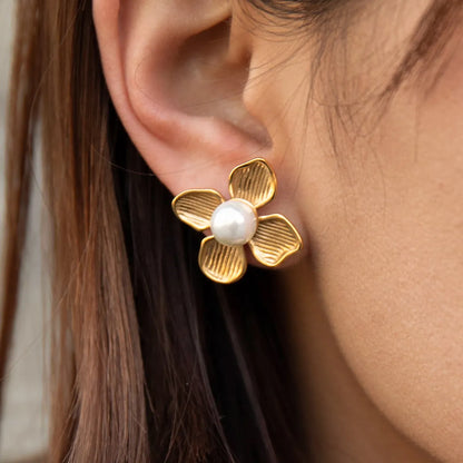 1 Pair Vacation Simple Style Flower Plating Inlay 304 Stainless Steel Zircon 18K Gold Plated Ear Studs