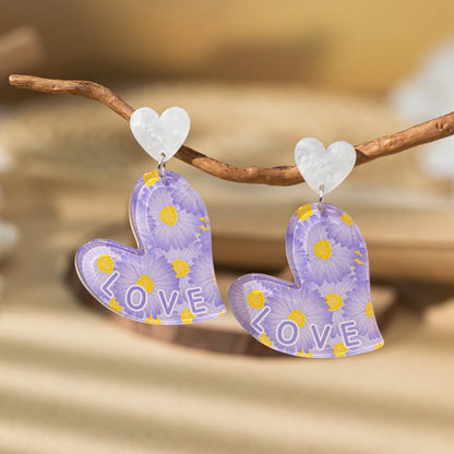 1 Pair Vacation Simple Style Heart Shape Printing Arylic Drop Earrings