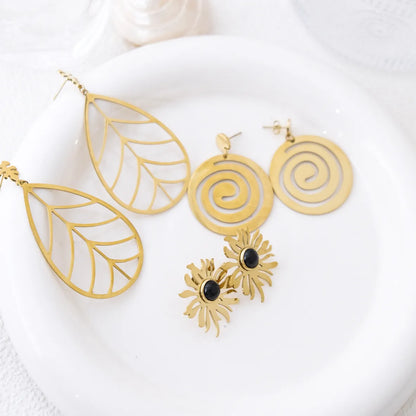 1 Pair Vacation Sweet Classic Style Leaves Flower Spiral Hollow Out Inlay 304 Stainless Steel Natural Stone 14K Gold Plated Drop Earrings Ear Studs