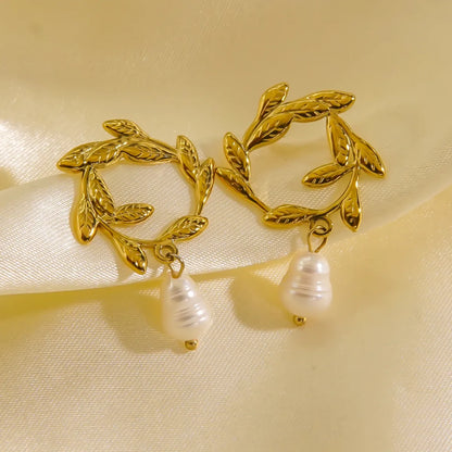 1 Pair Vacation Sweet Flower Plating 304 Stainless Steel Pearl 14K Gold Plated Drop Earrings