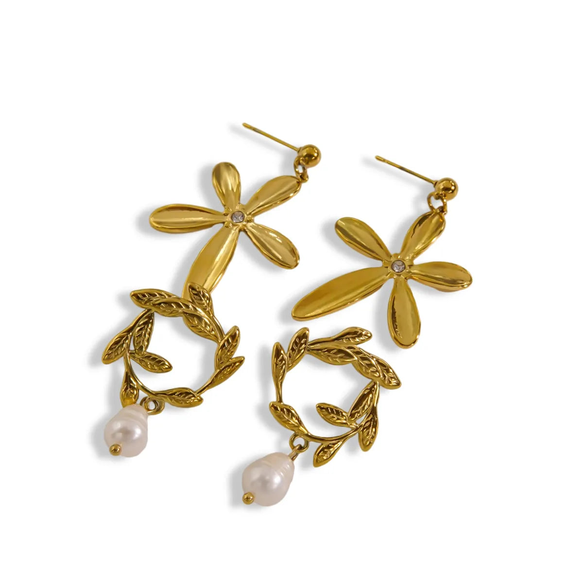 1 Pair Vacation Sweet Flower Plating 304 Stainless Steel Pearl 14K Gold Plated Drop Earrings