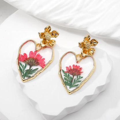 1 Pair Vacation Sweet Heart Shape Flower Resin Drop Earrings