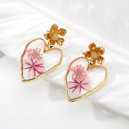 1 Pair Vacation Sweet Heart Shape Flower Resin Drop Earrings