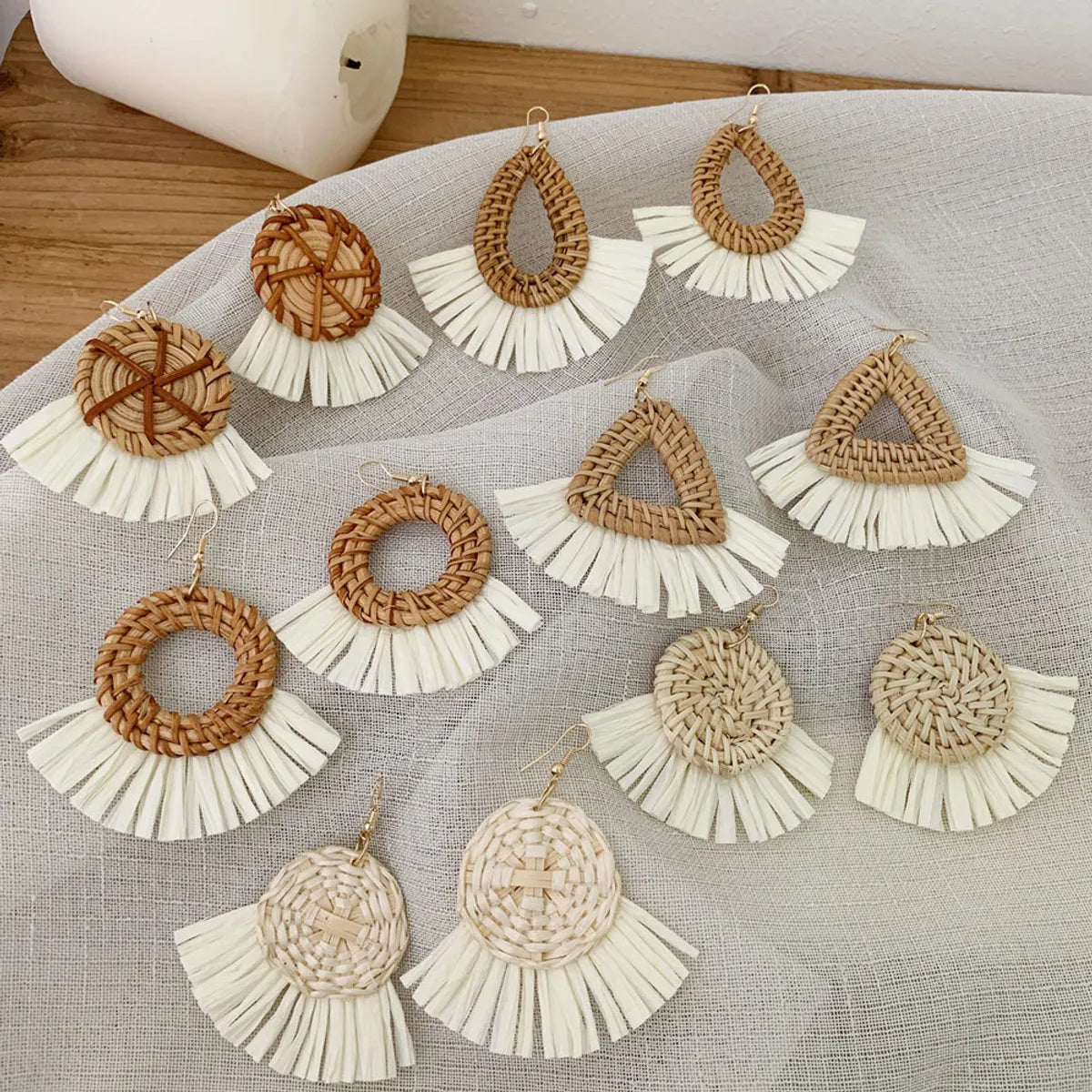 1 Pair Vacation Triangle Round Braid Rattan Drop Earrings