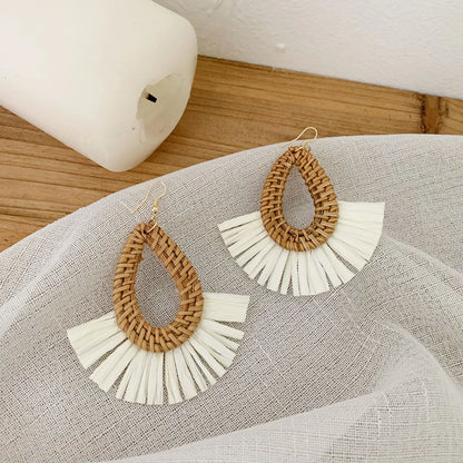 1 Pair Vacation Triangle Round Braid Rattan Drop Earrings