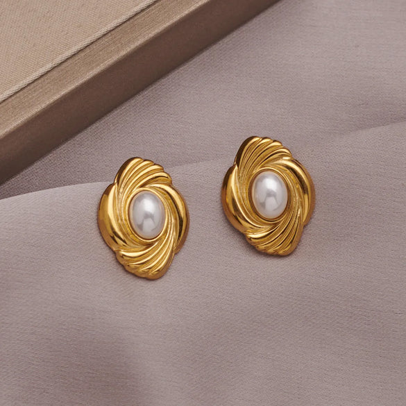 1 Pair Vintage Style Baroque Style MAMA Oval Plating Inlay 304 Stainless Steel Artificial Pearls Natural Stone 18K Gold Plated Ear Studs