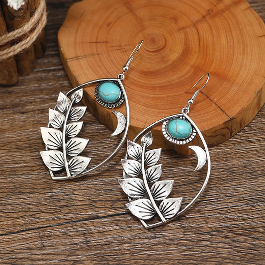 1 Pair Vintage Style Bohemian Leaf Plating Hollow Out Inlay Alloy Turquoise Silver Plated Ear Hook