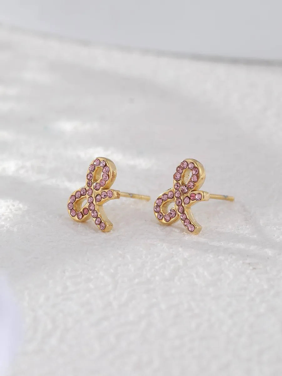 1 Pair Vintage Style Bow Knot Plating Inlay Stainless Steel Zircon 18k Gold Plated Ear Studs