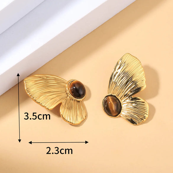 1 Pair Vintage Style Butterfly Inlay 304 Stainless Steel Natural Stone 18K Gold Plated Ear Studs
