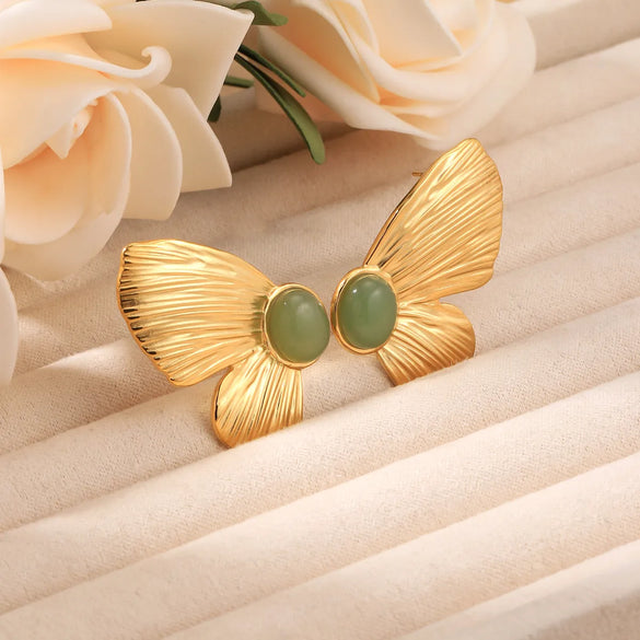 1 Pair Vintage Style Butterfly Inlay 304 Stainless Steel Natural Stone 18K Gold Plated Ear Studs