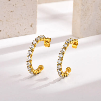 1 Pair Vintage Style C Shape Plating Inlay Stainless Steel Zircon 18k Gold Plated Hoop Earrings