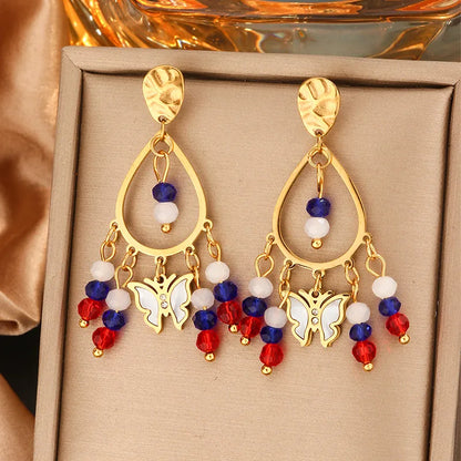 1 Pair Vintage Style Classic Style Commute Water Droplets Tassel Butterfly Beaded Inlay 304 Stainless Steel Artificial Crystal Shell 18K Gold Plated Drop Earrings