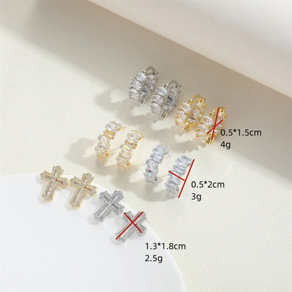 1 Pair Vintage Style Cross Inlay Copper Zircon 14K Gold Plated Ear Studs