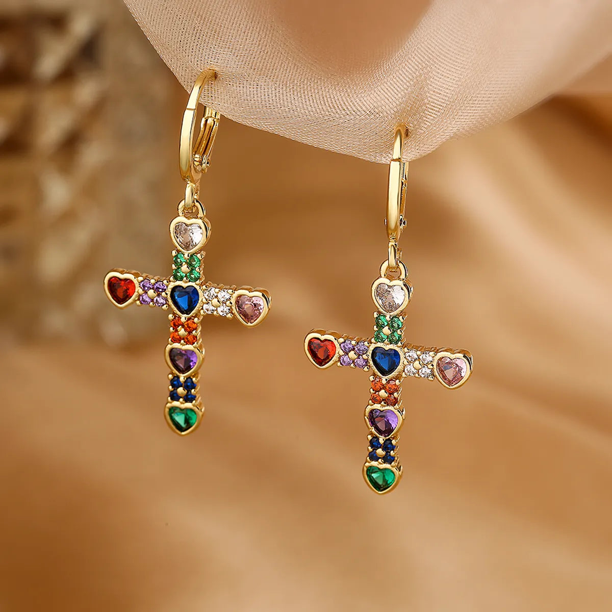 1 Pair Vintage Style Cross Plating Inlay Copper Zircon 18k Gold Plated Drop Earrings