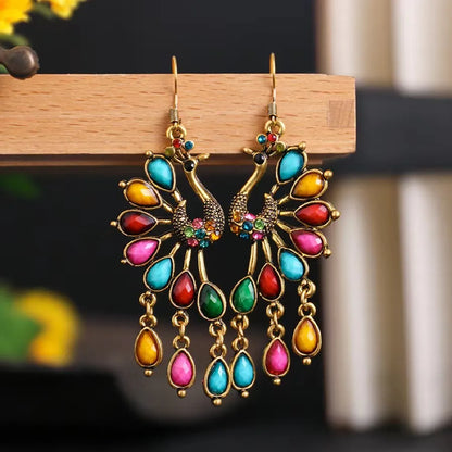 1 Pair Vintage Style Ethnic Style Peacock Inlay Zinc Alloy Acrylic Rhinestones Gold Plated Drop Earrings