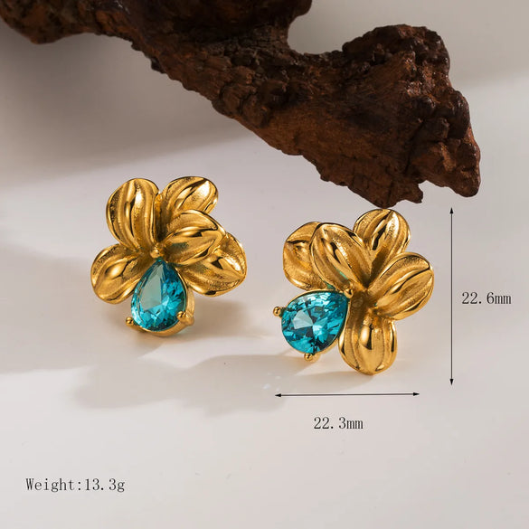 1 Pair Vintage Style Exaggerated Classic Style Flower Petal Plating Inlay 304 Stainless Steel Zircon 18K Gold Plated Ear Studs