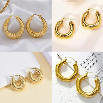 1 Pair Vintage Style Exaggerated Simple Style Round Oval Plating Metal Stainless Steel 18k Gold Plated Hoop Earrings