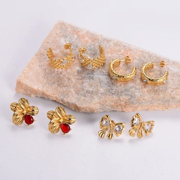 1 Pair Vintage Style Flower Bow Knot Plating Inlay Stainless Steel Rhinestones 24k Gold Plated Ear Studs