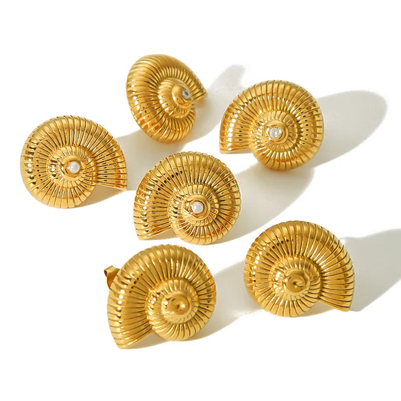 1 Pair Vintage Style French Style Conch Polishing Plating 304 Stainless Steel Artificial Pearls Zircon 18K Gold Plated Ear Studs