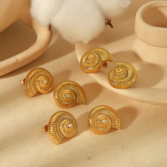 1 Pair Vintage Style French Style Conch Polishing Plating 304 Stainless Steel Artificial Pearls Zircon 18K Gold Plated Ear Studs