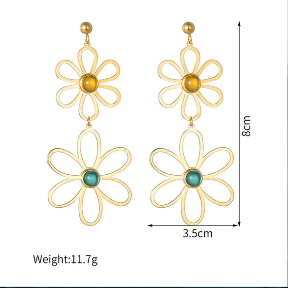 1 Pair Vintage Style French Style Simple Style Flower Plating Hollow Out Inlay 304 Stainless Steel Glass Stone 14K Gold Plated Drop Earrings