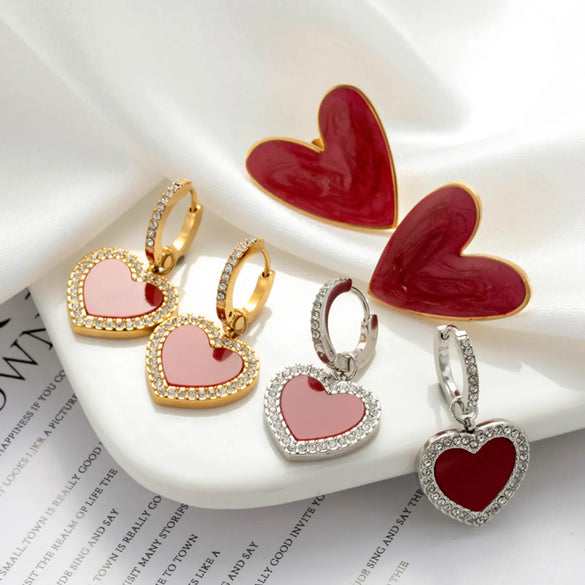 1 Pair Vintage Style French Style Simple Style Oil Painting Heart Shape 304 Stainless Steel Zircon Drop Earrings Ear Studs