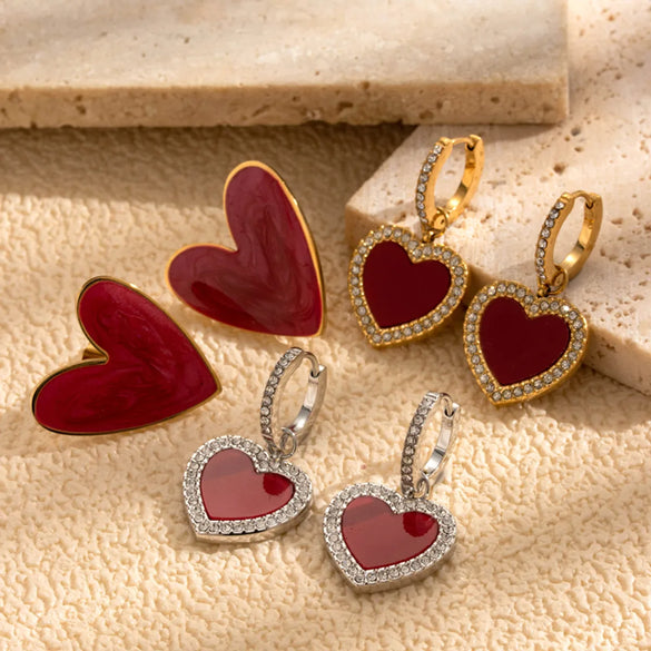 1 Pair Vintage Style French Style Simple Style Oil Painting Heart Shape 304 Stainless Steel Zircon Drop Earrings Ear Studs