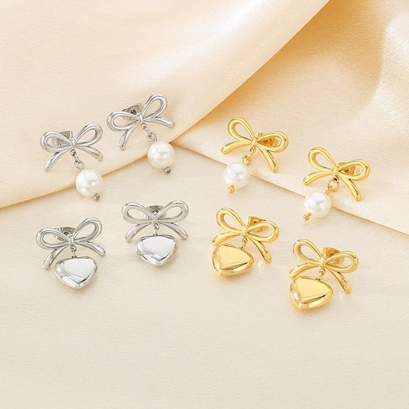 1 Pair Vintage Style Heart Shape Bow Knot 304 Stainless Steel 18K Gold Plated Drop Earrings