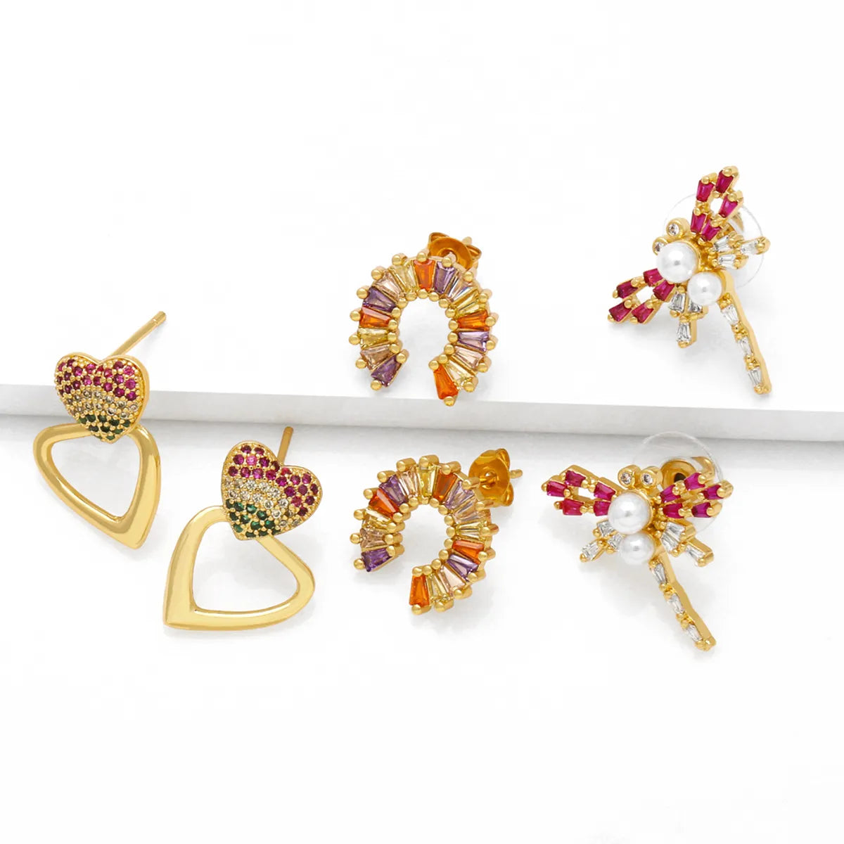 1 Pair Vintage Style Heart Shape Flower Plating Inlay Copper Zircon 18k Gold Plated Ear Studs