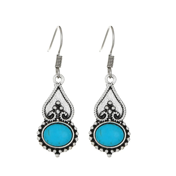 1 Pair Vintage Style Heart Shape Inlay Alloy Turquoise Silver Plated Drop Earrings
