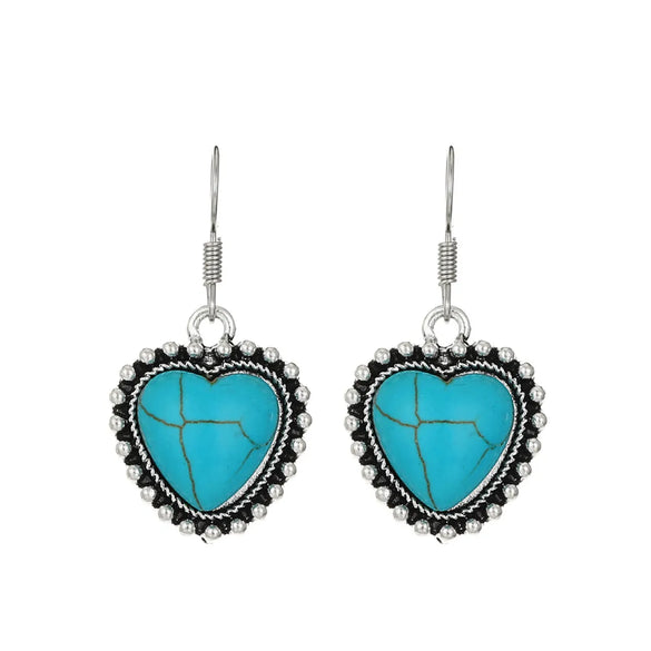 1 Pair Vintage Style Heart Shape Inlay Alloy Turquoise Silver Plated Drop Earrings