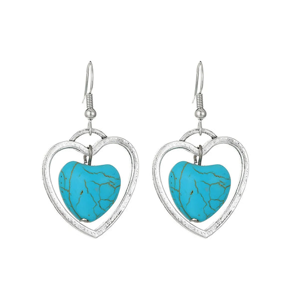1 Pair Vintage Style Heart Shape Inlay Alloy Turquoise Silver Plated Drop Earrings