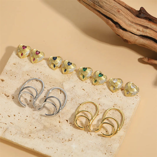 1 Pair Vintage Style Heart Shape Inlay Copper Zircon 14K Gold Plated Ear Studs