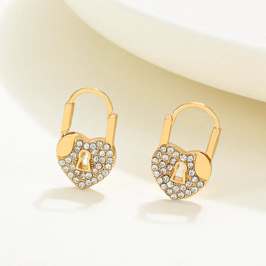 1 Pair Vintage Style Heart Shape Lock Alloy Inlay Zircon 14k Gold Plated Women's Earrings