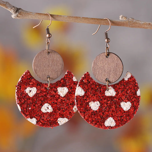 1 Pair Vintage Style Heart Shape Pu Leather Wood Drop Earrings