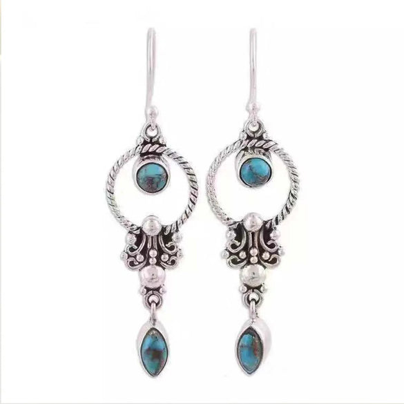 1 Pair Vintage Style Lady Round Metal Inlaid Turquoise Artificial Gemstones Silver Plated Women's Drop Earrings