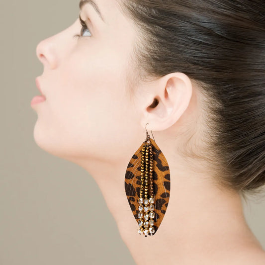 1 Pair Vintage Style Leaves Leopard Inlay Artificial Crystal Pu Leather Artificial Crystal Drop Earrings