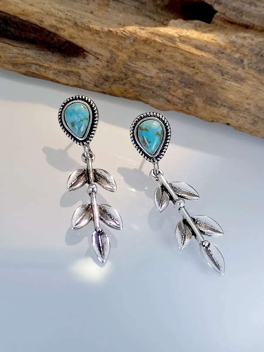 1 Pair Vintage Style Leaves Water Droplets Metal Inlay Turquoise Silver Plated Women'S Drop Earrings