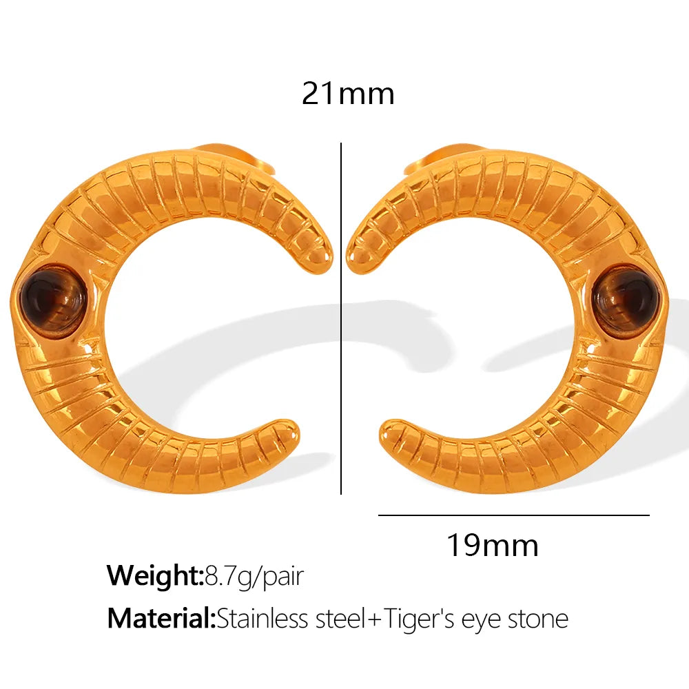 1 Pair Vintage Style Moon Plating Inlay Titanium Steel Glass Bead Tiger Eye 18K Gold Plated Ear Studs