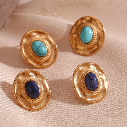 1 Pair Vintage Style Oval Plating Inlay Stainless Steel Turquoise 18k Gold Plated Ear Studs