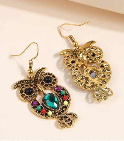 1 Pair Vintage Style Owl Inlay Alloy Rhinestones Drop Earrings