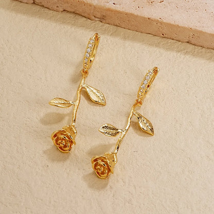 1 Pair Vintage Style Rose Flower Plating Inlay Copper Zircon White Gold Plated Gold Plated Drop Earrings