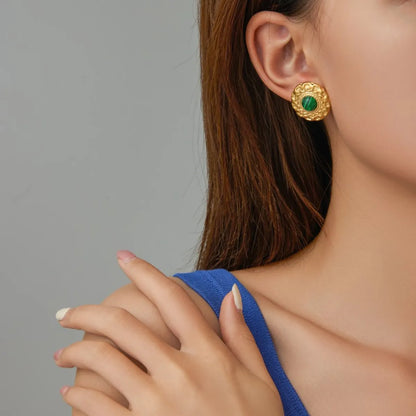 1 Pair Vintage Style Round Polishing Plating Inlay Stainless Steel Malachite Opal Lapis Lazuli Gold Plated Ear Studs