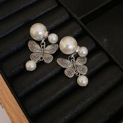 1 Pair Vintage Style Simple Style Butterfly Inlay Alloy Imitation Pearl Drop Earrings